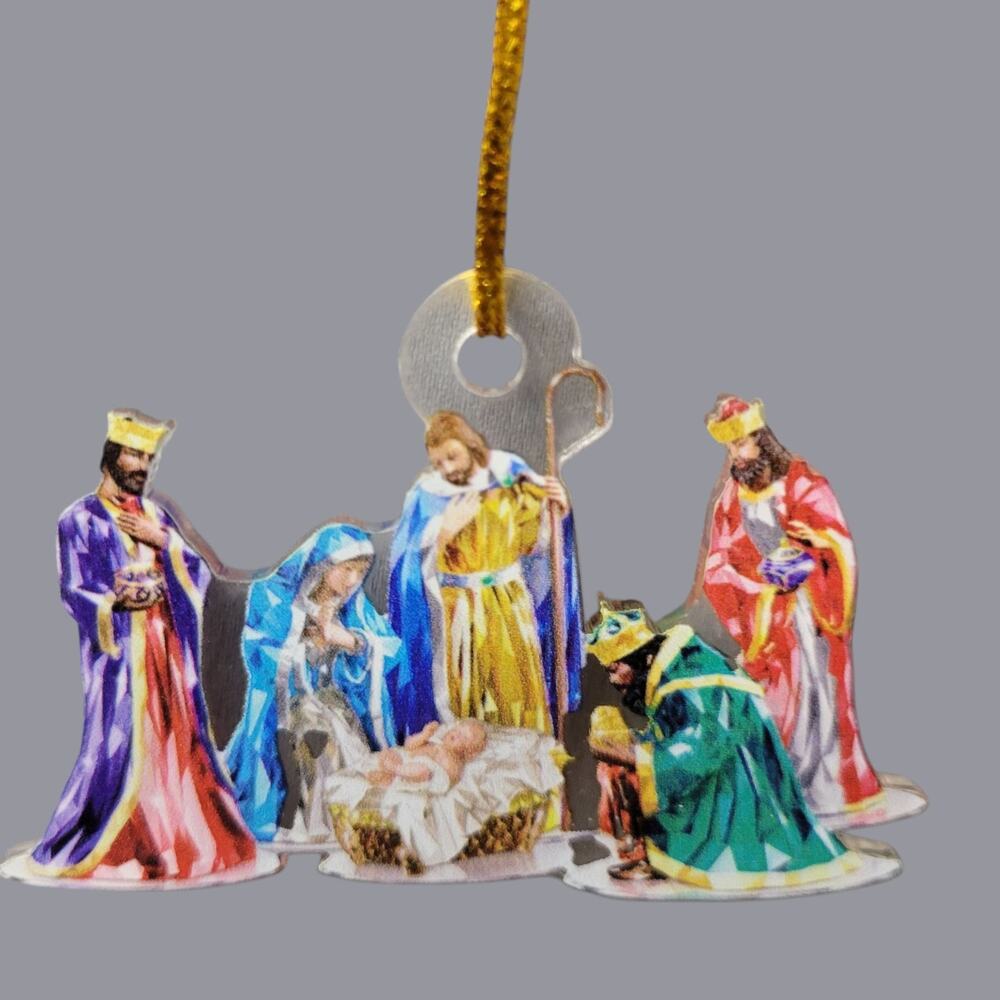 Nativity Scene Christmas Ornament Acrylic Holy Family Three Kings Magi Gold Cord